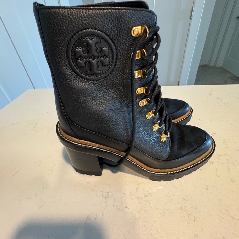Tory Burch Black Leather Lace-Up Boots with Gold Accents